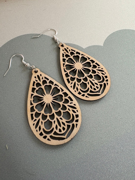 Boho Mandala Wooden Earrings – 925 Silver | Lightweight & Natural