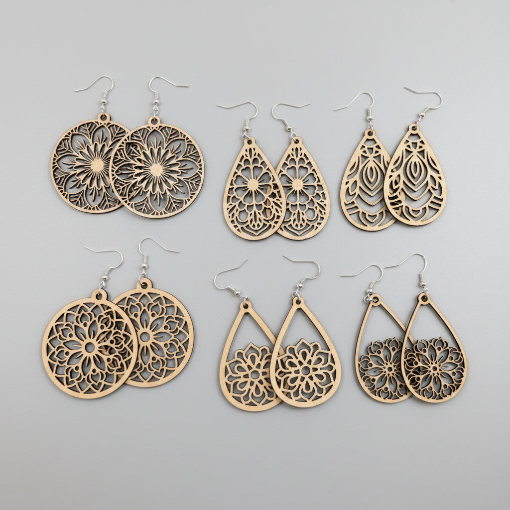 Boho Mandala Wooden Earrings – 925 Silver | Lightweight & Natural