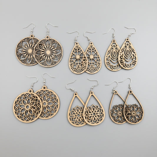 Boho Mandala Wooden Earrings – 925 Silver | Lightweight & Natural