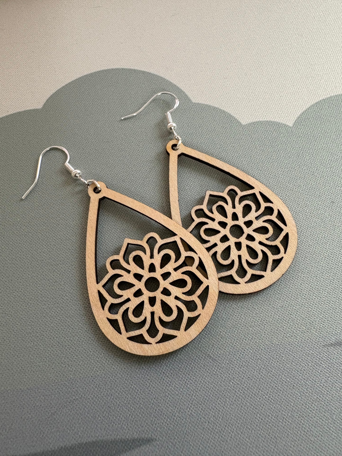 Boho Mandala Wooden Earrings – 925 Silver | Lightweight & Natural