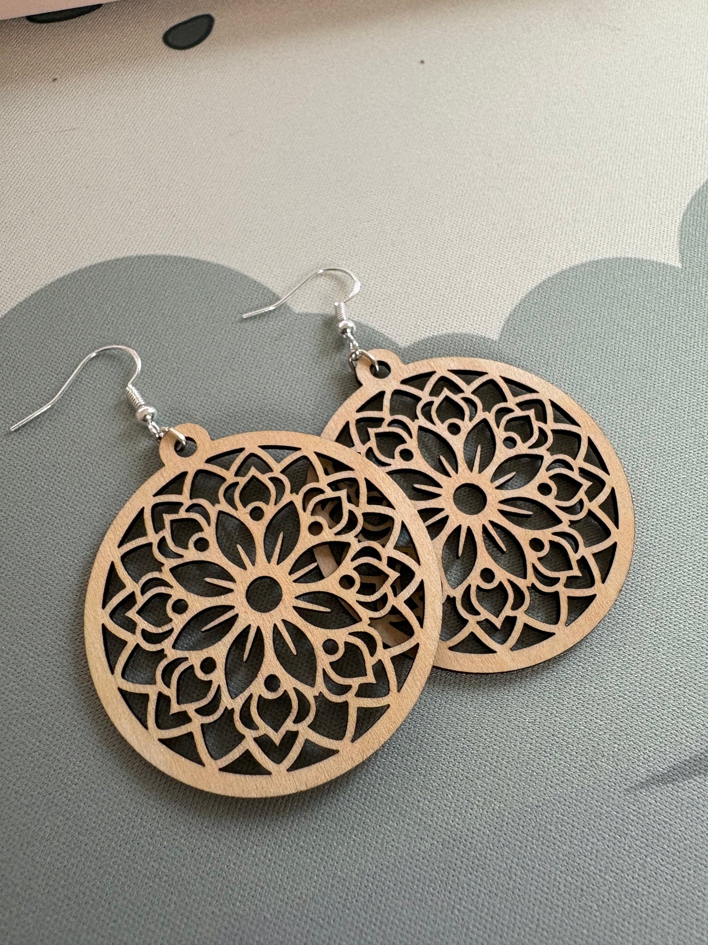 Boho Mandala Wooden Earrings – 925 Silver | Lightweight & Natural