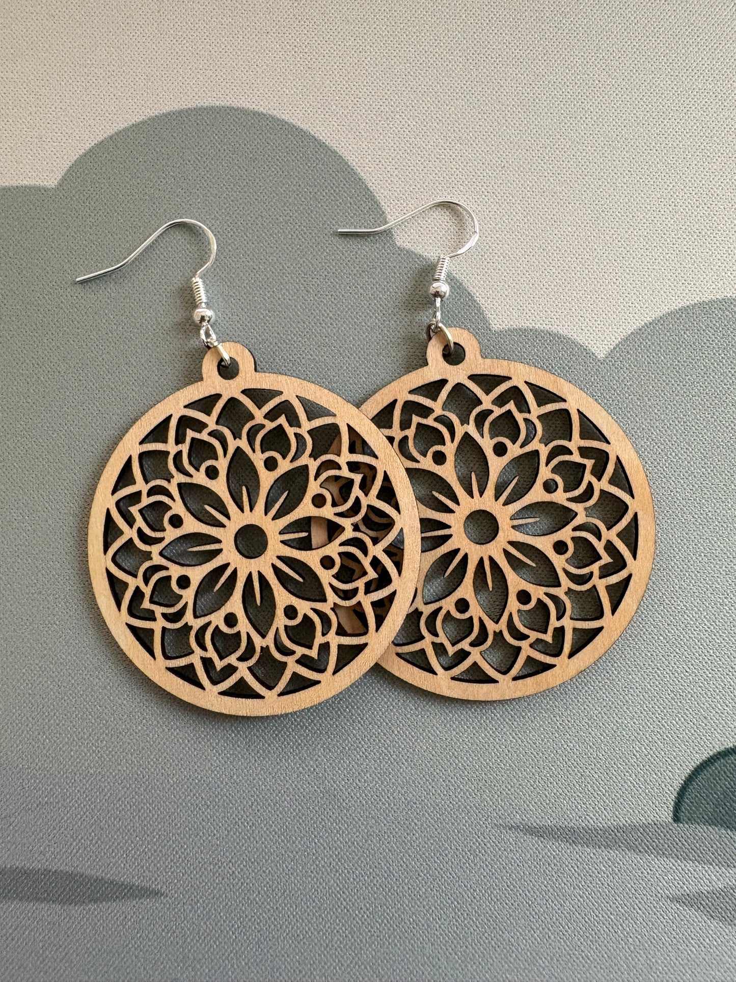Boho Mandala Wooden Earrings – 925 Silver | Lightweight & Natural