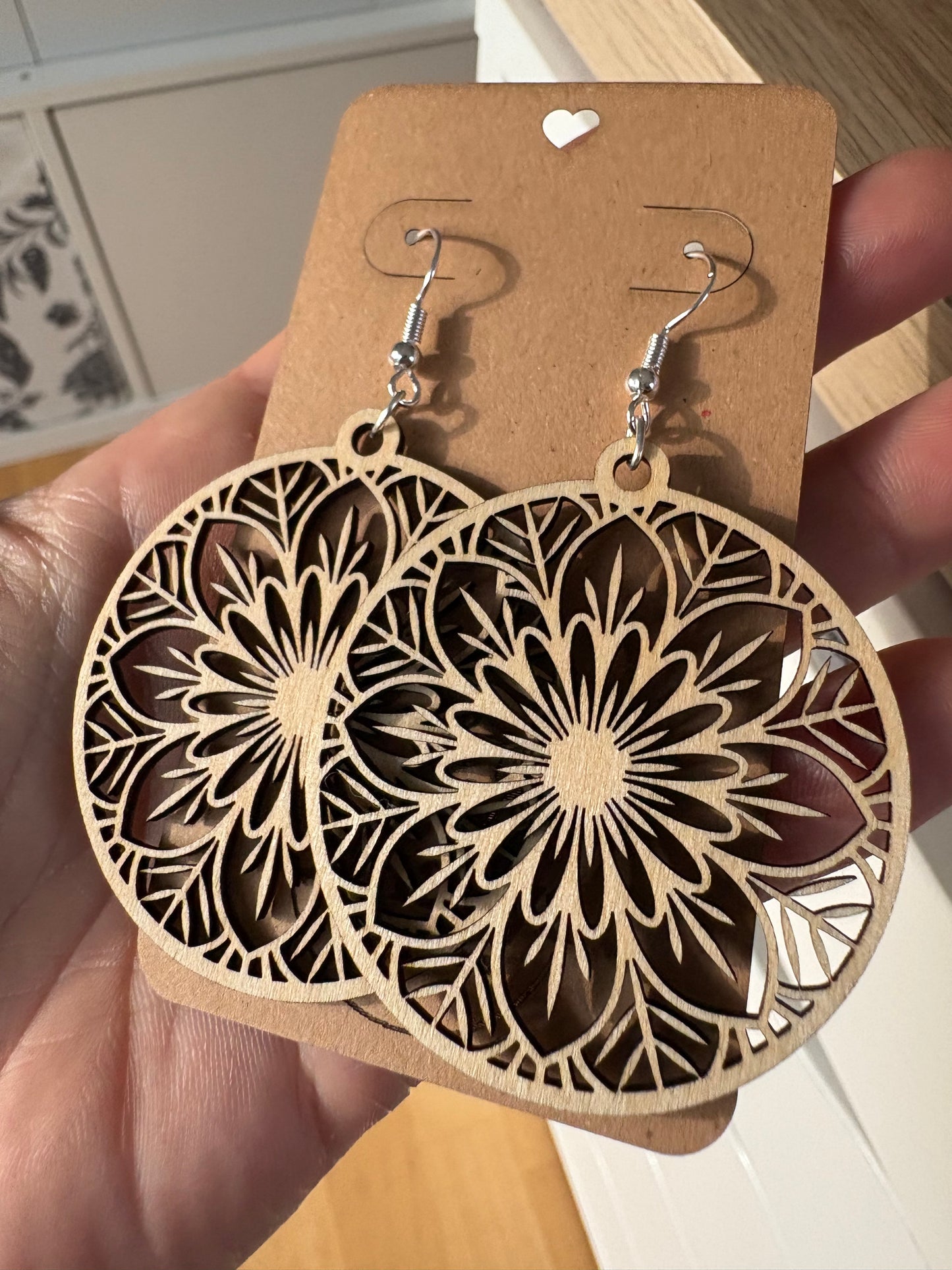 Boho Mandala Wooden Earrings – 925 Silver | Lightweight & Natural
